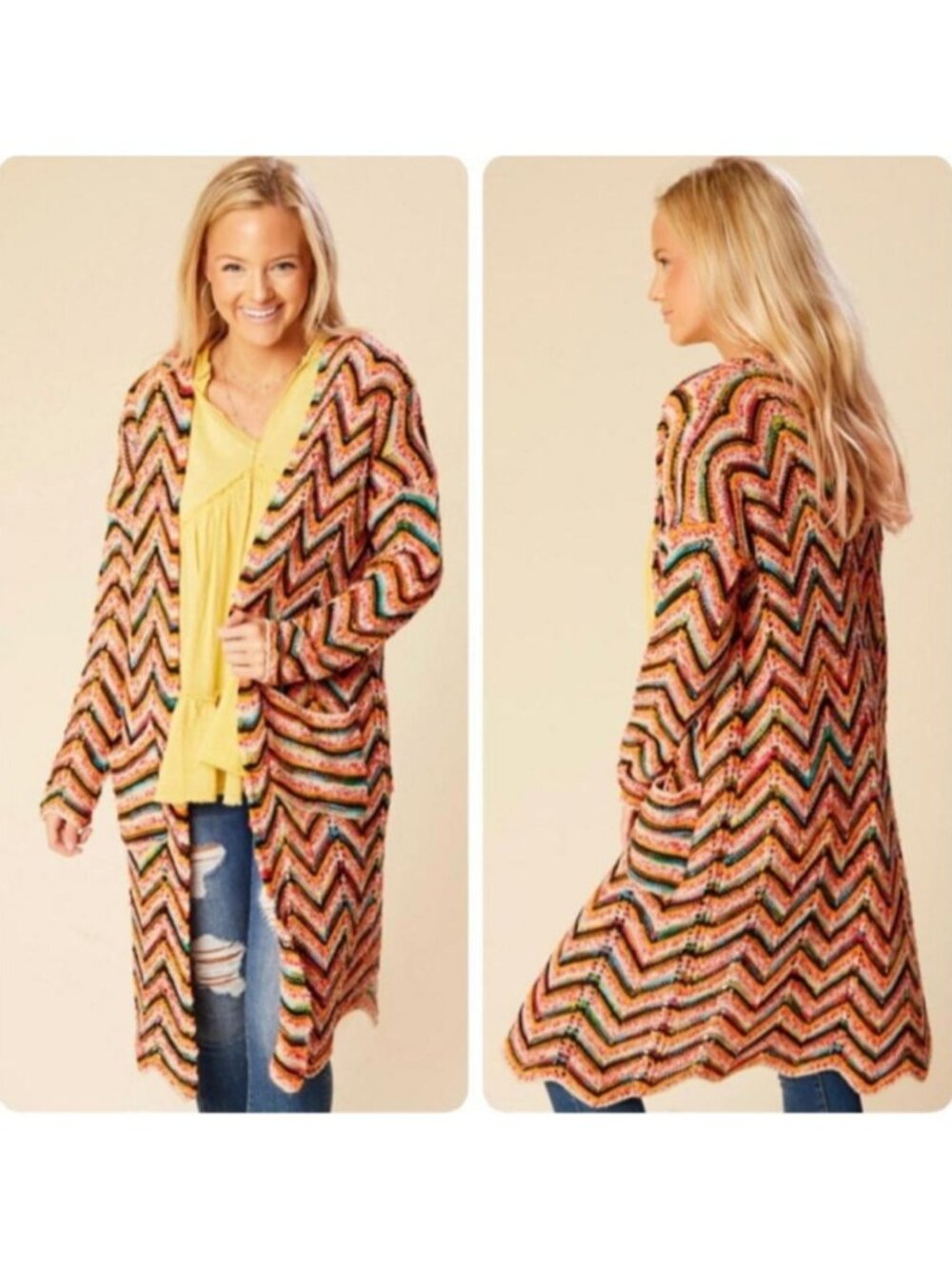 Altar'd State Women's Long Striped Chevron Open Front Cardigan Sweater Size S/M